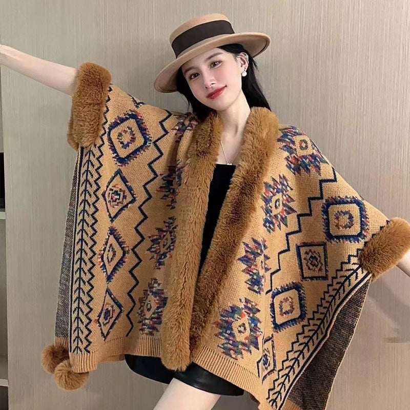 Wholesale Western Style Aztec Fur Ball Shawl Polyester Silk Cape Cape Cardigan Jacket